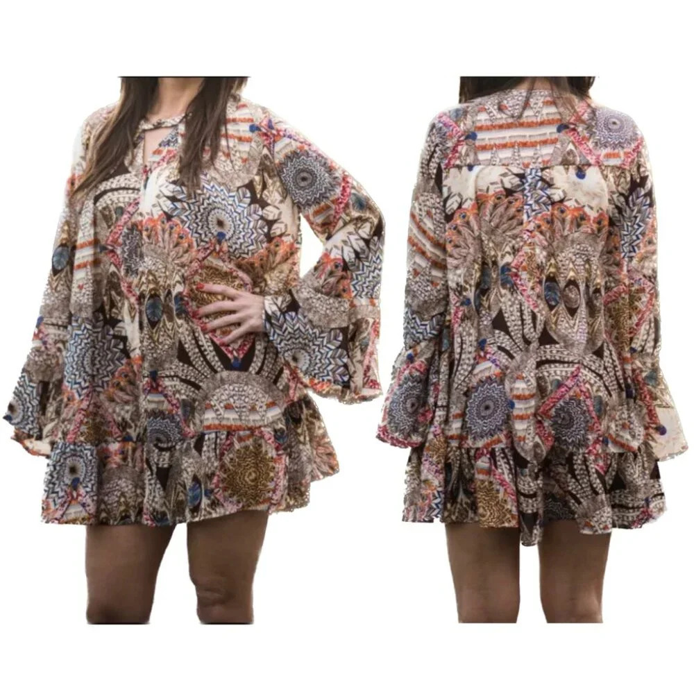 Umgee‎ Boho Bell Sleeve Ruffle Mini Shift Dress Size Medium Hippie Loose Flowy